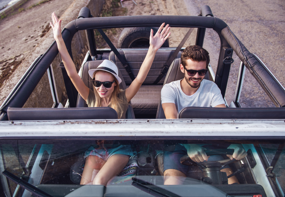 couple having fun in jeep